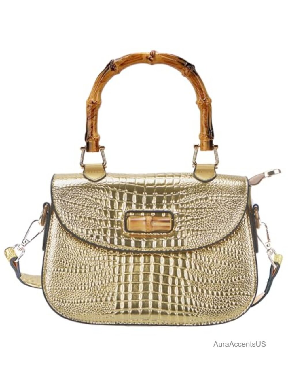 PU Leather Crossbody Bag Bamboo Top Handle Removable Strap Women Handbag